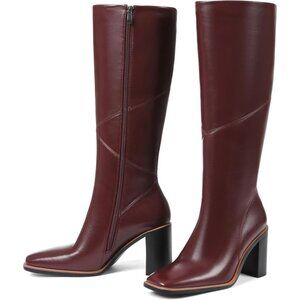 Women’s Polyurethane Burgundy Square Toe Chunky Block Heel Leather Zip Up Boot